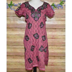 Indian Ladies Purple Dress Size L Short Sleeve Embroidered Floral Night Shirt